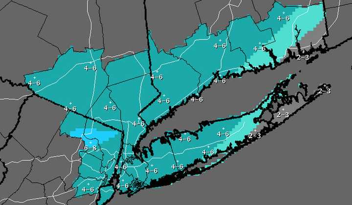 An estimate of snow accumulation totals from the National Weather Service.