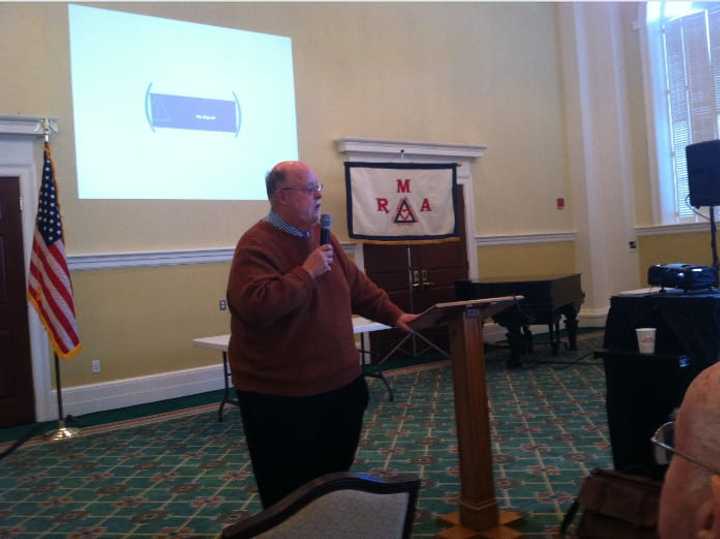 Commuter advocate Jim Cameron speaking to the Retired Men&#x27;s Association of Greenwich.