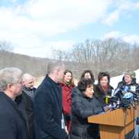 <p>Rep. Nita Lowey speaks at a train-crossing safety press conference in Chappaqua.</p>