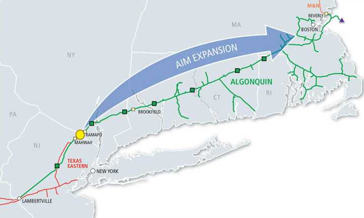 A screen shot of the map for Spectra Energy&#x27;s Algonquin Pipeline expansion proposal.