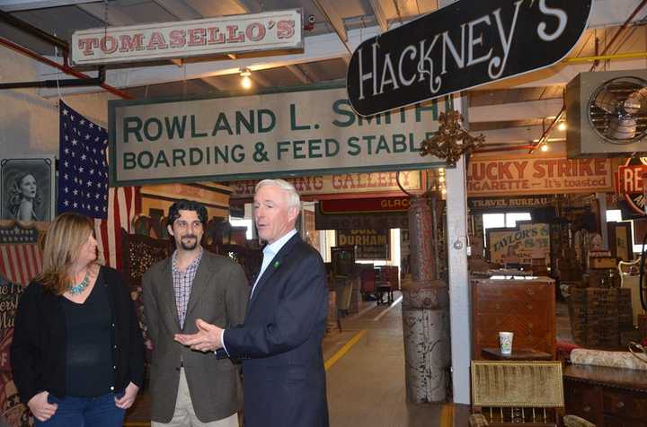 Christie Spooner and Grant Panarese, co-owners of BRG, meet with Bridgeport Mayor Bill Finch. 
