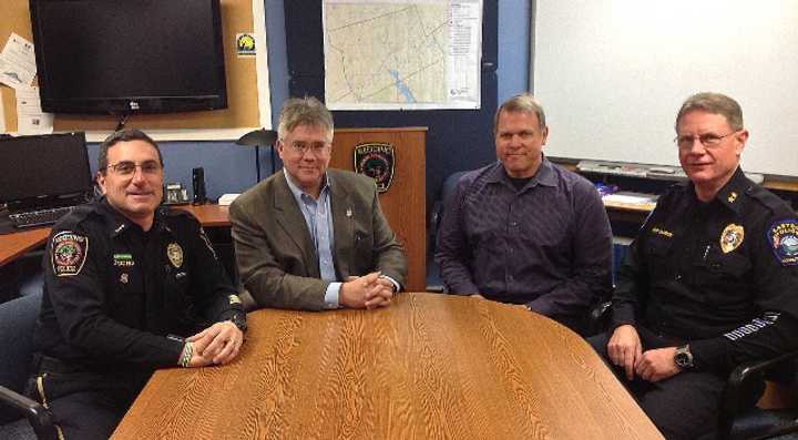 State Rep. John Shaban meets with Easton Police Chief James Candee, Weston Plice Chief John Troxell and Redding Police Chief Doug Fuchs.