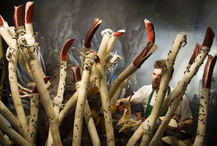 Exhibit preparator Sean Murtha installs The Deep Sea, a new exhibit at the Woods Hole Oceanographic Institution&#x27;s (WHOI) Ocean Science Exhibit Center.