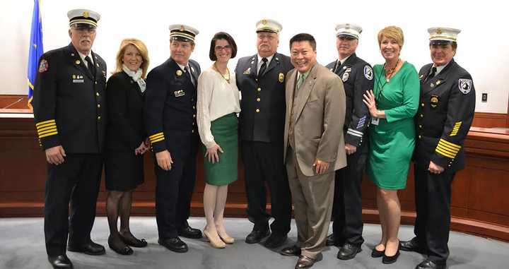 Gov. Dannel Malloy with the Fairfield Legislative Delegation, representatives from Fairfield, Stratfield &amp; Southport Fire Departments, and the Hartford County, Eastern, Fairfield &amp; Valley Chiefs Regional Fire Schools