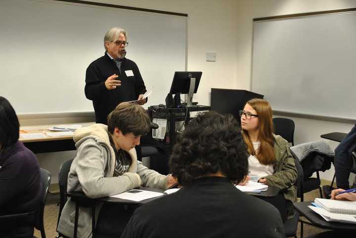 Chris Hansen-Nelson speaks to students about Playing With Line Breaks in poetry at the 28th annual Young Authors Conference sponsored by Putnam/Northern Westchester BOCES and hosted by Pace Universitys Graduate Center in White Plains.