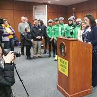 <p>Director of Greenwich&#x27;s YWCA Domestic Abuse Services Suzanne Adam, reads research behind current CT gun law bills.</p>