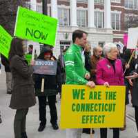 <p>(from left) Congressman Jim Himes, Lt. Govenor Nancy Wyman and Rally Organizer Jonathan Perloe.</p>