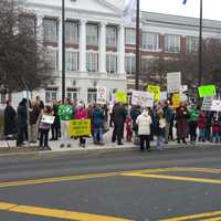 <p>Gun Violence protesters stand in front of Town Hall holding signs, and cheering in support of Team 26.</p>