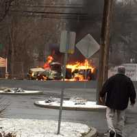 <p>No injuries were reported in the car fire on East Putnam Avenue between the I-95 entrance and Stamford line. </p>