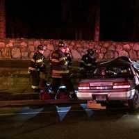 <p>The car was severely damaged in a collision with a box truck </p>