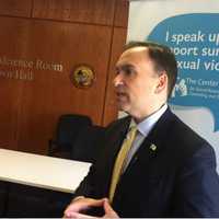 <p>Greenwich First Selectman Peter Tesei speaking just prior to proclaiming April as Sexual Assault Awareness Month.</p>