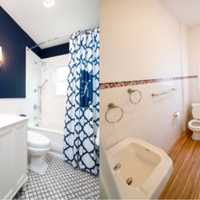 <p>A before and after picture of a bathroom modeling project. </p>