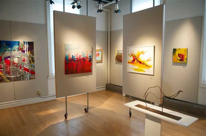 Artwork on display at the Greenwich Art Society&#x27;s 98th annual Juried Exhibition.