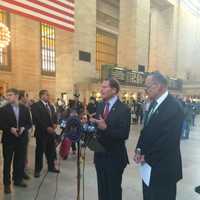 <p>U.S. Sens. Richard Blumenthal, left, and Charles Schumer announce new railroad safety legislation Sunday at Grand Central Terminal. </p>