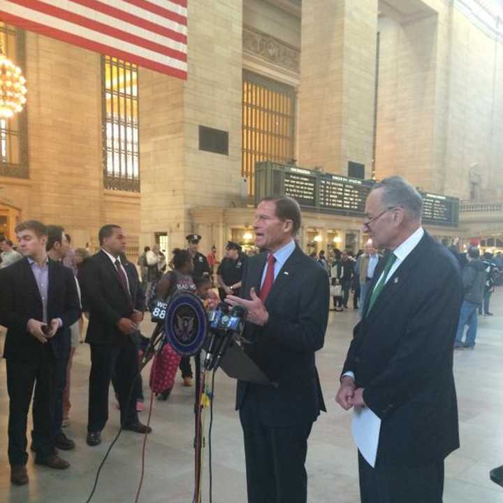 U.S. Sens. Richard Blumenthal, left, and Charles Schumer announce new railroad safety legislation Sunday at Grand Central Terminal. 