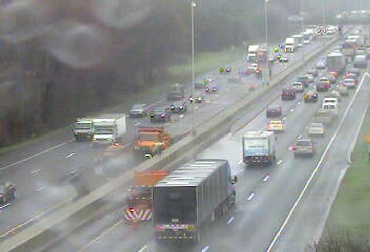 Heavy rain is causing ponding on I-95 near the Darien rest area on Monday morning. 