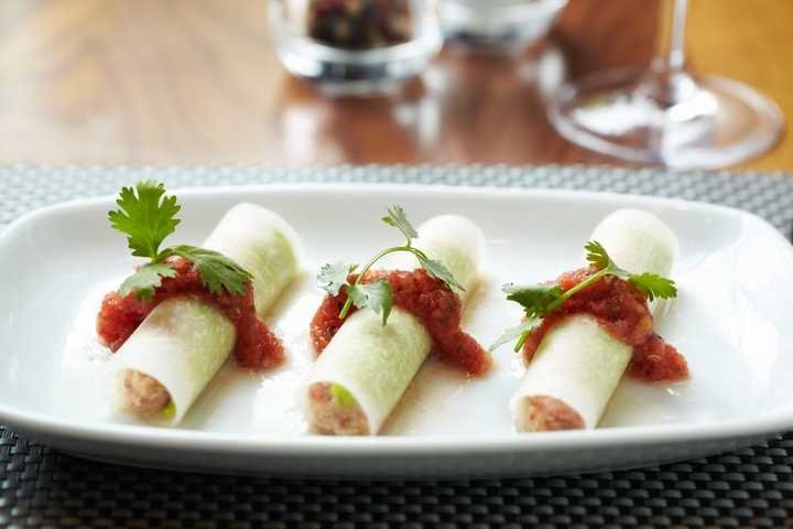 Tuna Taquitos (jicama wraps, guacamole, salsa roja) at Armonk&#x27;s Moderne Barn.