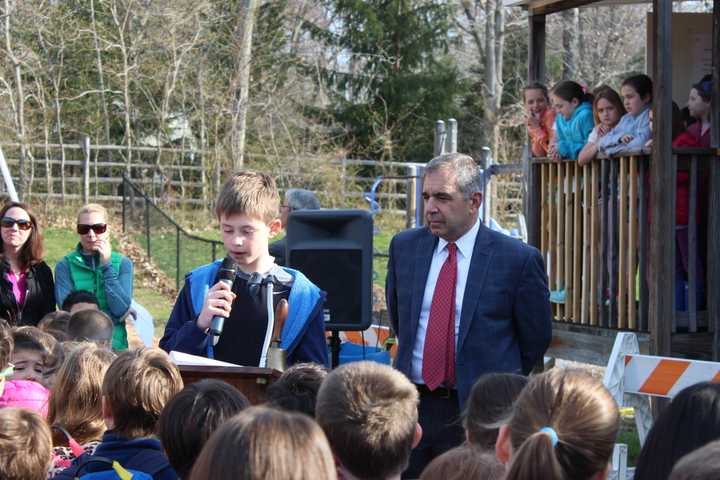 John Grasso with a Royle Elementary School student. Grasso has been appointed interim principal for Parkway School in Greenwich.