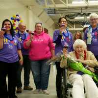 <p>Fifty-year cancer survivor Dorothy Holland leads the parade of survivors. Holland was diagnosed with breast and ovarian cancer in 1964.</p>