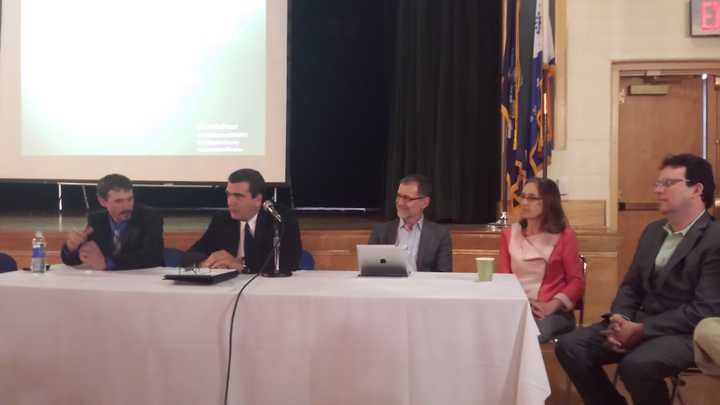 Pound Ridge Police Chief Dave Ryan, second from left, details deer hunting in his town during a panel discussion.