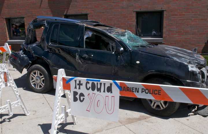 A crashed vehicle is on display.