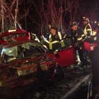 <p>Fairfield Fire Department at work at the scene of the fatal rollover on I-95. </p>