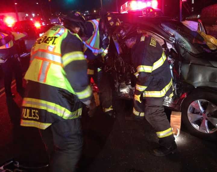 Fairfield Fire Department at work at the accident scene on Black Rock Turnpike. 