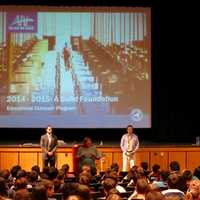 <p>Briarcliff Middle School Principal Susan Howard, flanked by New NY Bridge team members Daniel Marcy and Andrew ORourke, spoke during the special assembly. </p>