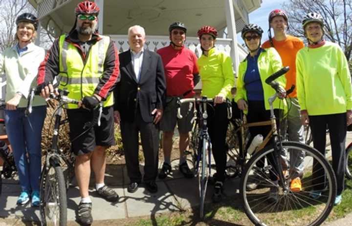 From left: Linda Lach; Keith Gallinelli; Fairfield First Selectman Michael Tetreau; Don Hyman; state Rep. Cristin McCarthy Vahey (D-Fairfield); Laura OBrien; Edward Lane; and Elizabeth Gardner.