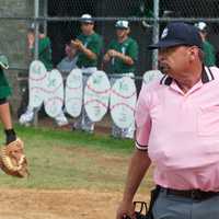 <p>Umpire Steve Rosen has been wearing pink to games, as umpires promote cancer awareness.</p>