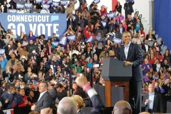 President Barack Obama greets the crowds during a campaign rally for Gov. Dan Malloy in Bridgeport last year. The president will return to Connecticut on Wednesday. 