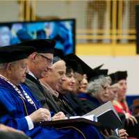 <p>Pace University President Stephen J. Friedman (L) sits among University faculty at Tuesday&#x27;s ceremony.</p>