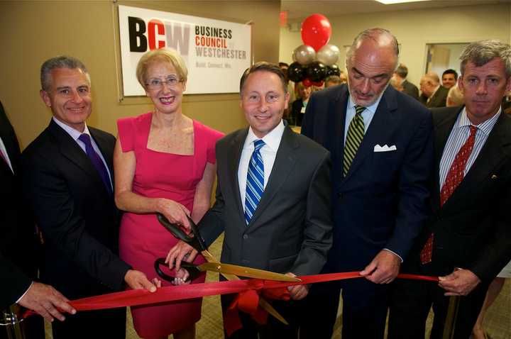 Cutting the ribbon at Tuesday&#x27;s BCW Grand Opening, from L: Tony Justic, Marsha Gordon, Westchester County Executive Rob Astorino, Robert Weisz.