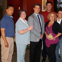 <p>Joanne Tonkin, center, surrounding by staff from the North Rockland School District</p>