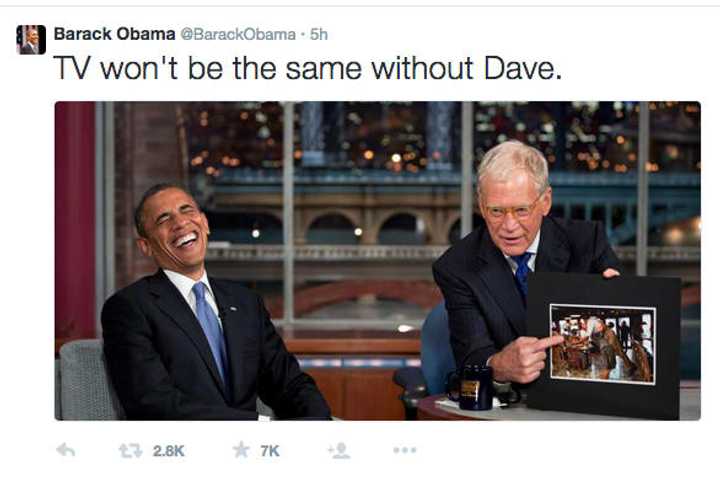 President Obama sent this tweet about David Letterman&#x27;s final &quot;Late Show&quot; hours before it aired and shortly after he left Westchester Airport on Wednesday.