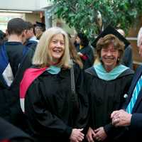 <p>Faculty and dignitaries gather at a pre-ceremony reception.</p>