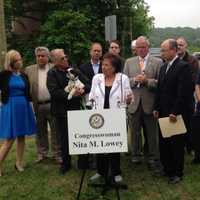 <p>U.S. Rep. Nita Lowey, D-Harrison, joined by other elected officials and business leaders at a May 18 news conference near the Ashford Avenue Bridge in Dobbs Ferry.</p>