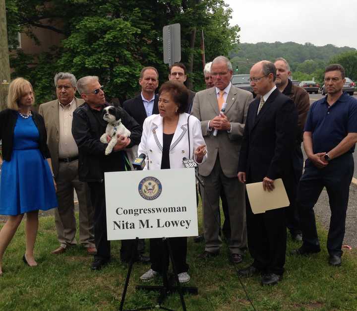 U.S. Rep. Nita Lowey, D-Harrison, joined by other elected officials and business leaders at a May 18 news conference near the Ashford Avenue Bridge in Dobbs Ferry.