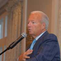 <p>Frank Corvino, president of the Greenwich Hospital Foundation, accepts his awards at the VNSW gala.</p>