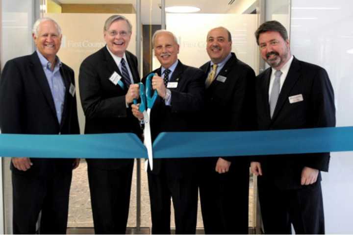 Left to right are Darrel Harvey of The Ashforth Company, Stamford Mayor David Martin, and First County Bank officials Reyno A. Giallongo, Jr., Robert J. Granata and Peter C. Rugen.