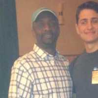 <p>Luis Lizarzaburu, right, with former Olympic track star Mark Everett at the NCAA Leadership Forum.</p>