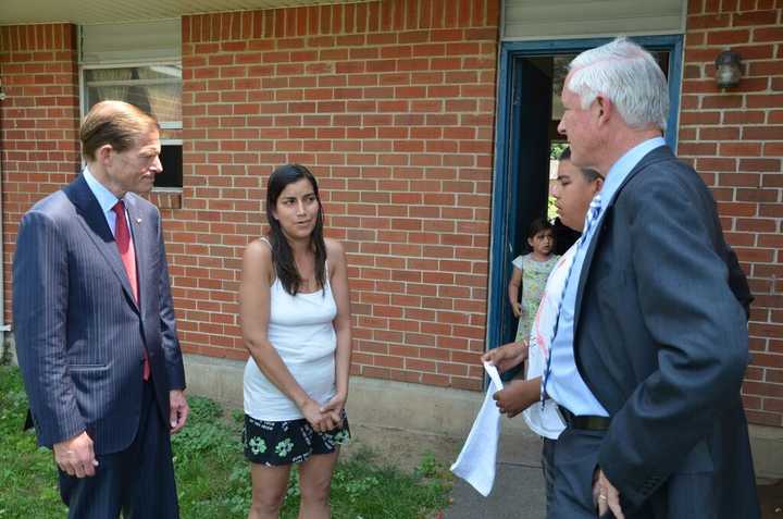 U.S. Sen. Richard Blumenthal and Bridgeport Mayor Bill Finch visit residents of Trumbull Gardens a day after a deadly shooting. 