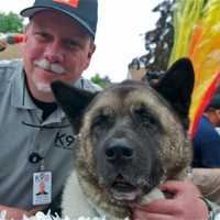 <p>Spartacus Chooch, therapy dog and K9 first responder, with his handler at Sunday&#x27;s parade.</p>