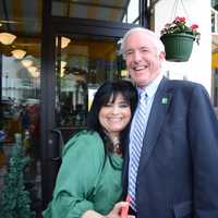 <p>Toni Sapienza, chef and owner of Tonis Tuscan Table, celebrates the opening of her downtown location with Mayor Bill Finch. </p>