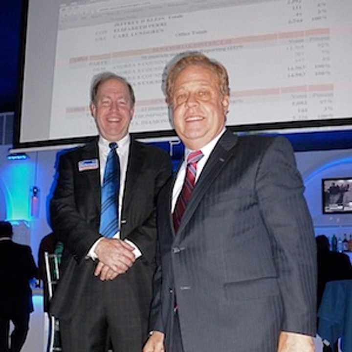 From left, Westchester County Court Judge David Zuckerman and State Assemblyman Thomas Abinanti celebrate their new terms.