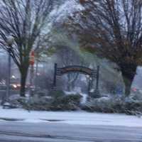 <p>Snow covers Elmwood Park in downtown Danbury. </p>