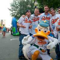 <p>Ducks players, from left: Jon Griffin, Ian Marshall, Cody Puckett, Dan Lyons, Bryan Sabatella, and the Ducks mascot.</p>