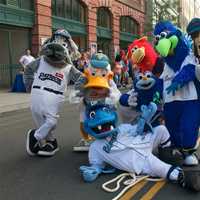 <p>Atlantic League mascots pose for a photo at Tuesday&#x27;s block party in Bridgeport.</p>