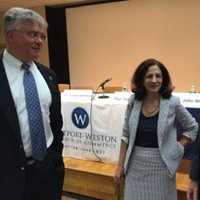 <p>State Reps. John Shaban and Gail Lavielle talk with moderator Matthew Mandell from the Westport-Weston Chamber of Commerce at the legislative wrap-up. </p>