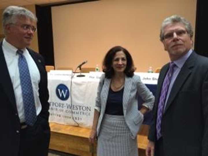 State Reps. John Shaban and Gail Lavielle talk with moderator Matthew Mandell from the Westport-Weston Chamber of Commerce at the legislative wrap-up. 